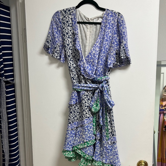 Tanya Taylor Dresses & Skirts - Tanya Taylor Blue and Green Silk Floral Wrap Mini Dress Flutter Sleeve 12 Med